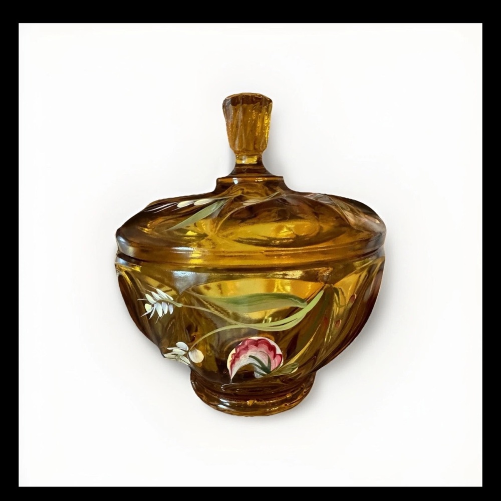 Vtg Fenton Glass Amber Covered Powder Vanity Box Hand Painted With Lid Signed